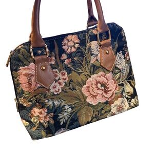 Floral Tapestry Handbag with Brown Accents